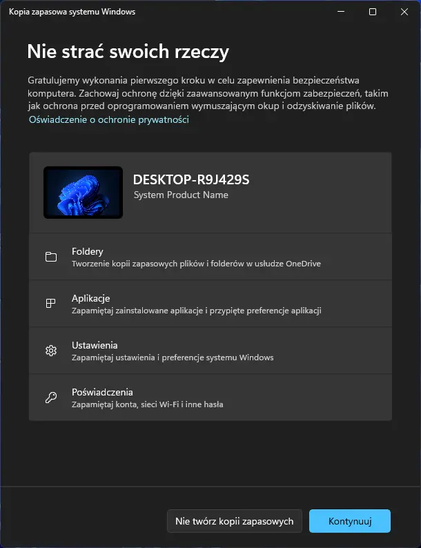 Potwierdzenie zawartości Backupu